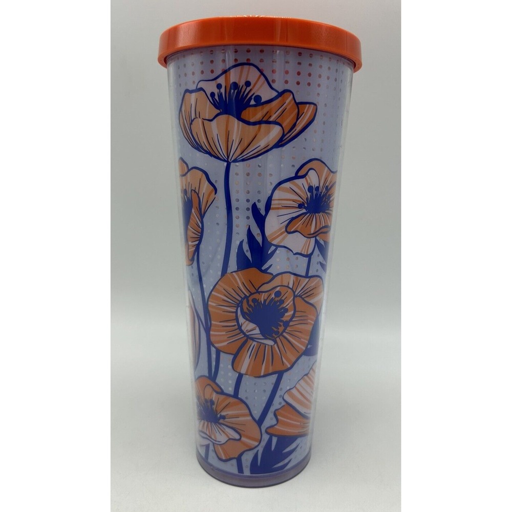 Starbucks Tumbler Blue Floral Cold Cup Orange Lid Green Straw 24oz